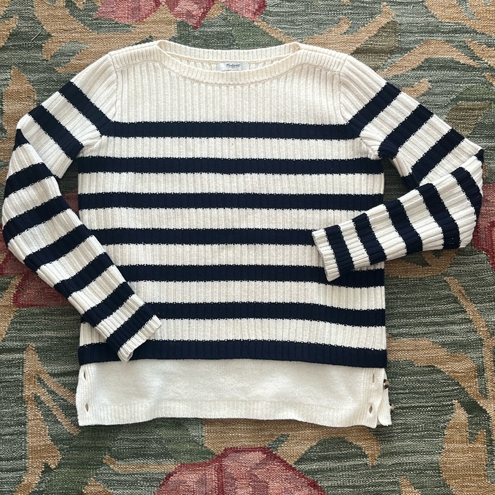Madewell 100% Wool Navy & White Striped Ribbed Crewneck Sweater